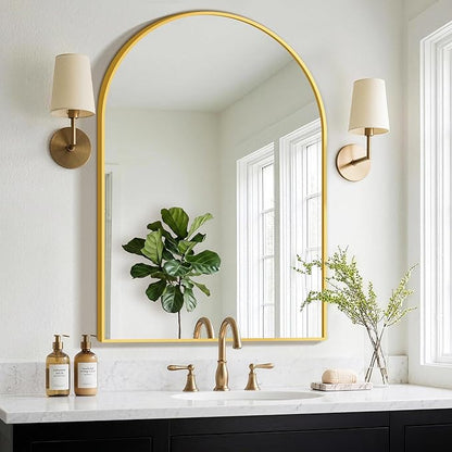 FGU Arched Bathroom Mirror for Over Sink 40"x28" Gold Vanity Mirror | Wall Mounted, HD Tempered Shatter-Proof Glass, Rust-proof Arched Metal Frame, Arch Mirror for Bedroom, Living Room, Entryway