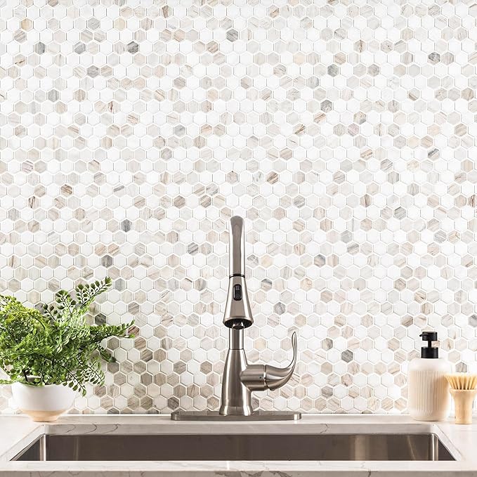 MSI Angora Tibi 12 in. x 12 in.Polished Marble Hexagon Tile for Kitchen Backsplash, Floor Tile, Wall Tile for Bathroom, Shower Wall Tile, Mesh Mounted Mosaic Tile