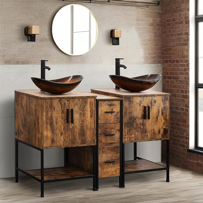 UEV Rustic Brown 60" Double Bathroom Vanity with Sink Combo,Industrial Iron Frame 2 Main Bathroom Vanity with Middle 3 Drawers Cabinet,Modern Brown Boat Tempered Glass Vessel Sink(029BR)