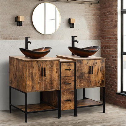 UEV Rustic Brown 60" Double Bathroom Vanity with Sink Combo,Industrial Iron Frame 2 Main Bathroom Vanity with Middle 3 Drawers Cabinet,Modern Brown Boat Tempered Glass Vessel Sink(029BR)