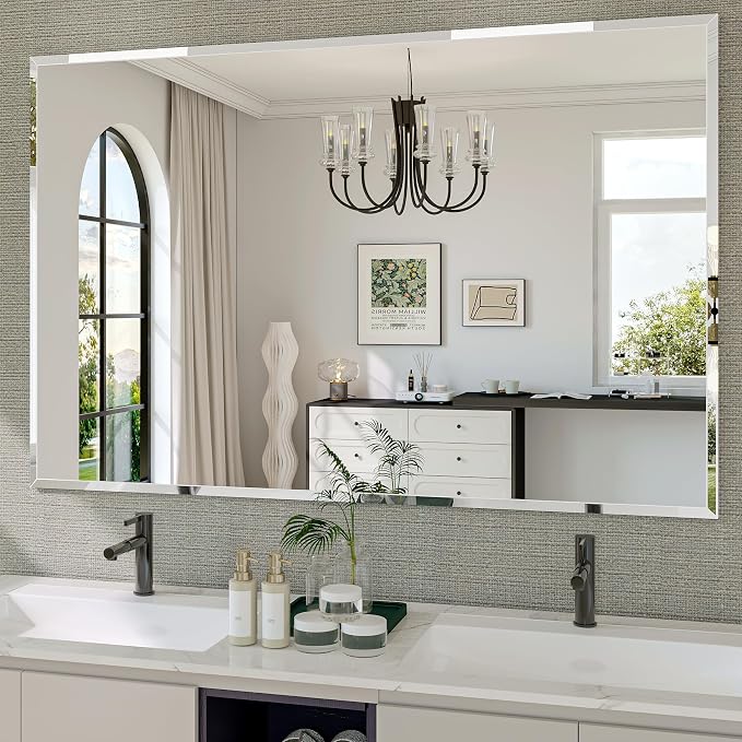 Frameless Bathroom Mirror, 55" x 36" Beveled Wall Mirror | 5mm HD glass, 20mm beveled edge, frameless, anti-rust, shatterproof, french cleat, horizontally or vertically