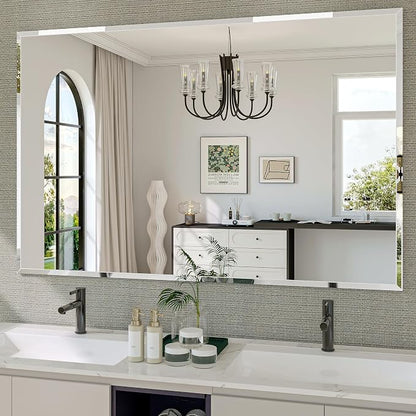 Frameless Bathroom Mirror, 55" x 36" Beveled Wall Mirror | 5mm HD glass, 20mm beveled edge, frameless, anti-rust, shatterproof, french cleat, horizontally or vertically