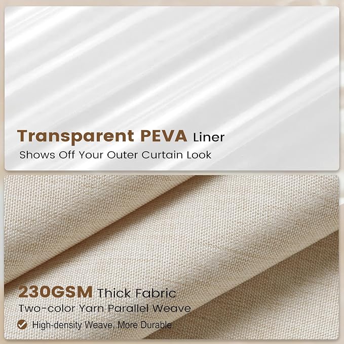 BTTN 3 in 1 Shower Curtain Set - 80 Inch Long Linen Textured Polyester Shower Curtain and Clear Liner Set with Plastic Hook, Modern Luxury Waterproof Shower Curtain for Bathroom, Cream/Beige, 72x80