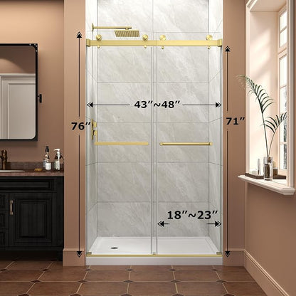 43"-48" W x 76" H Frameless Shower Door,Sliding Shower Door with 5/16"(8MM) SGCC Clear Tempered Glass,Reversible Installation,Nano Explosion-Proof Film,Waterproof Strip,for Bathroom,Brushed Gold