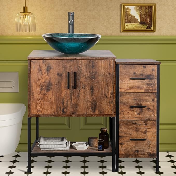 UEV 36" Antique Bathroom Vanity, Dark Brown Bathroom Vanity Set with Sink and 3 Drawers Side Cabinet Combo, Iron Wood Bathroom Cabinet with Adjustable Water Temperature Faucet (A10)