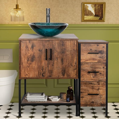 UEV 36" Antique Bathroom Vanity, Dark Brown Bathroom Vanity Set with Sink and 3 Drawers Side Cabinet Combo, Iron Wood Bathroom Cabinet with Adjustable Water Temperature Faucet (A10)