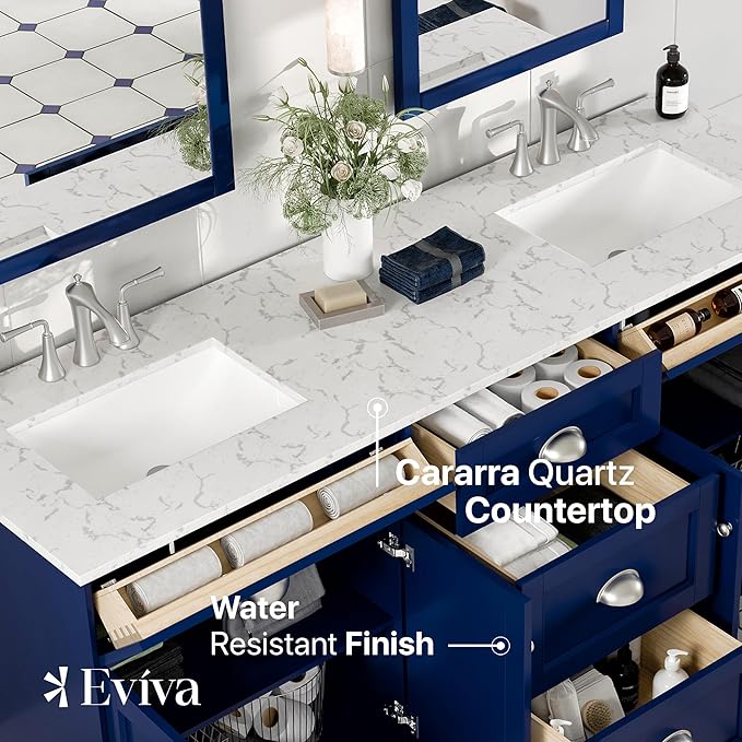 Eviva Epic 72 in. Blue Double Sink Bath Vanity with Carrara Quartz Top and Undermount Porcelain Sinks
