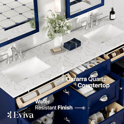 Eviva Epic 72 in. Blue Double Sink Bath Vanity with Carrara Quartz Top and Undermount Porcelain Sinks