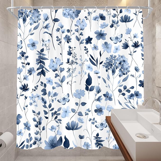Cute Floral Navy Blue Flower Wildflower Rustic Bathroom Shower Curtain Set | 72"W x 72"H Plants Leaves; waterproof HD print, quick-dry fabric and plastic hooks for easy setup.