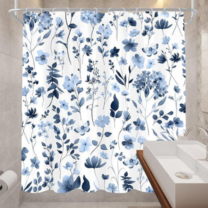 Cute Floral Navy Blue Flower Wildflower Rustic Bathroom Shower Curtain Set | 72"W x 72"H Plants Leaves; waterproof HD print, quick-dry fabric and plastic hooks for easy setup.
