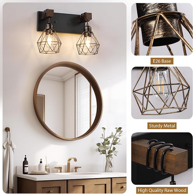 VbiTmn Black Gold Bathroom Light Fixtures, 2-Light Farmhouse Vanity Light | Metal Diamond Shade, Rustic Wall Mount Over Mirror for Bedroom & Hallway, Easy to Install, Sturdy Build for Bathroom Use