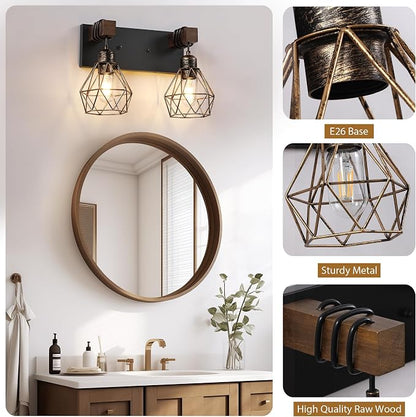 VbiTmn Black Gold Bathroom Light Fixtures, 2-Light Farmhouse Vanity Light | Metal Diamond Shade, Rustic Wall Mount Over Mirror for Bedroom & Hallway, Easy to Install, Sturdy Build for Bathroom Use