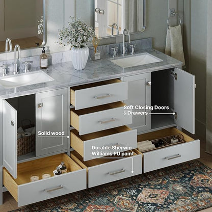 ARIEL Cambridge 72-inch Bathroom Vanity with Sink,Solid Wood, 0.75-inch Italian Carrara Marble Countertop, Double Rectangular Porcelain Sink, 4 Soft Closing Doors, 6 Dovetail Drawers, Grey