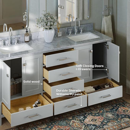 ARIEL Cambridge 72-inch Bathroom Vanity with Sink,Solid Wood, 0.75-inch Italian Carrara Marble Countertop, Double Rectangular Porcelain Sink, 4 Soft Closing Doors, 6 Dovetail Drawers, Grey