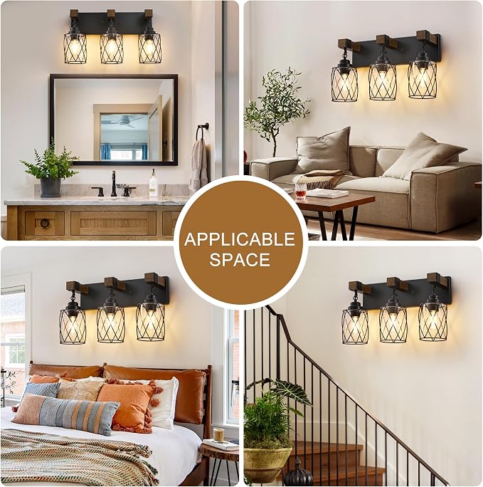 Bathroom Light Fixtures,Farmhouse Black Metal with Glass Shade | 3 Light Rustic Vanity Lights, Wood Accent Wire Cage Design, Mounts Over Mirror, Ideal for Bedroom & Hallway,Easy to Install