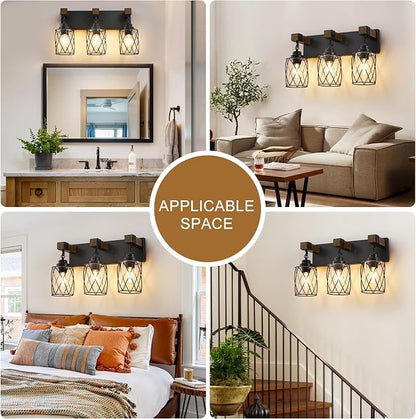 Bathroom Light Fixtures,Farmhouse Black Metal with Glass Shade | 3 Light Rustic Vanity Lights, Wood Accent Wire Cage Design, Mounts Over Mirror, Ideal for Bedroom & Hallway,Easy to Install