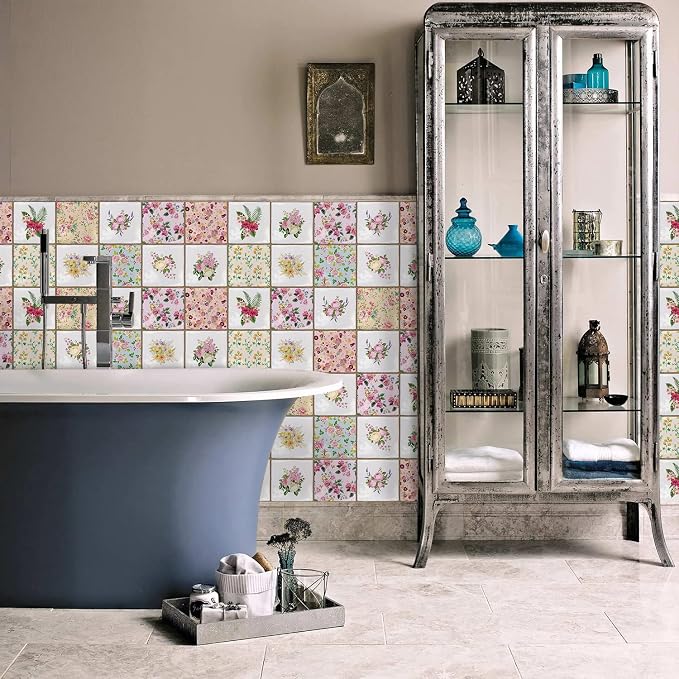 Alwayspon Vinyl Sticker Peel and Stick, Self-Adhesive Wall Tile Transfers Backsplash Sticker Decal for Kitchen Bathroom, 6x6inch/15x15cm 30Pcs, Floral Painting T038