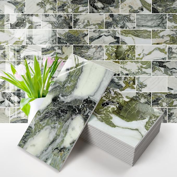 Vamos Tile 100-Piece Glossy Ice Green Peel and Stick Backsplash Tile,3''x6'' PVC Subway Tile with White Grout,Stick on Backsplash for Kitchen/Bathroom/Fireplace