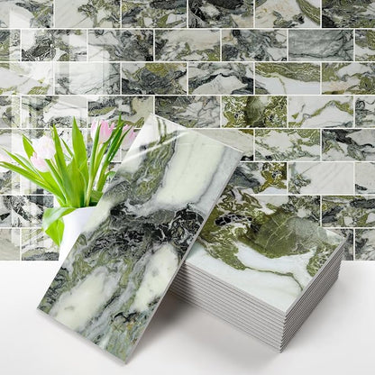 Vamos Tile 100-Piece Glossy Ice Green Peel and Stick Backsplash Tile,3''x6'' PVC Subway Tile with White Grout,Stick on Backsplash for Kitchen/Bathroom/Fireplace