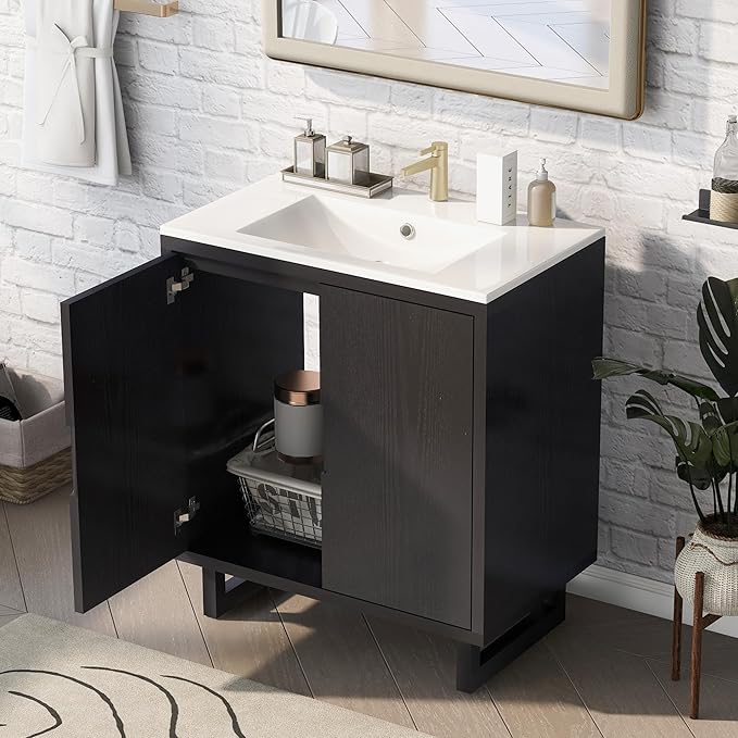 Favfurish 30" Bathroom Vanity with Resin Sink,Undermount Single Basin Bath Vanity Set w/2 Soft Closing Doors,Transitional Freestanding Storage Cabinet,Solid Wood Frame,Black