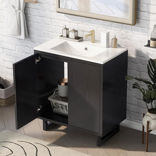 Favfurish 30" Bathroom Vanity with Resin Sink,Undermount Single Basin Bath Vanity Set w/2 Soft Closing Doors,Transitional Freestanding Storage Cabinet,Solid Wood Frame,Black