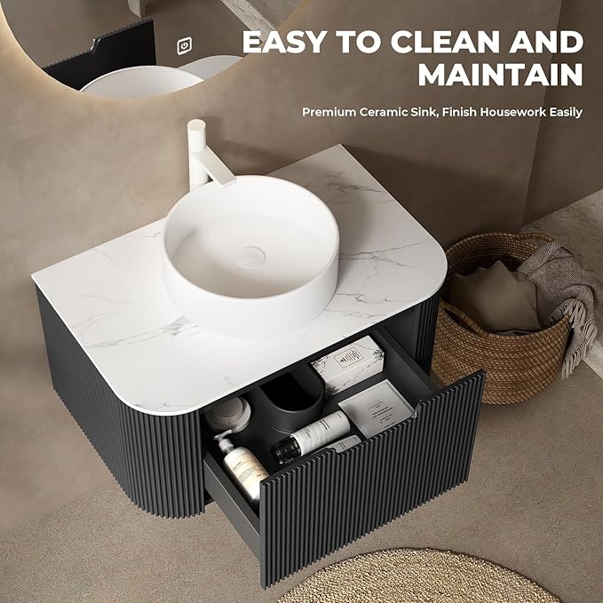LKTART 24 Inch Floating Bathroom Vanity with Sink, Modern Wall Mounted Bathroom Storage Cabinet with Drawer, Round White Ceramic Sink Top and Marble Texture Top,Black