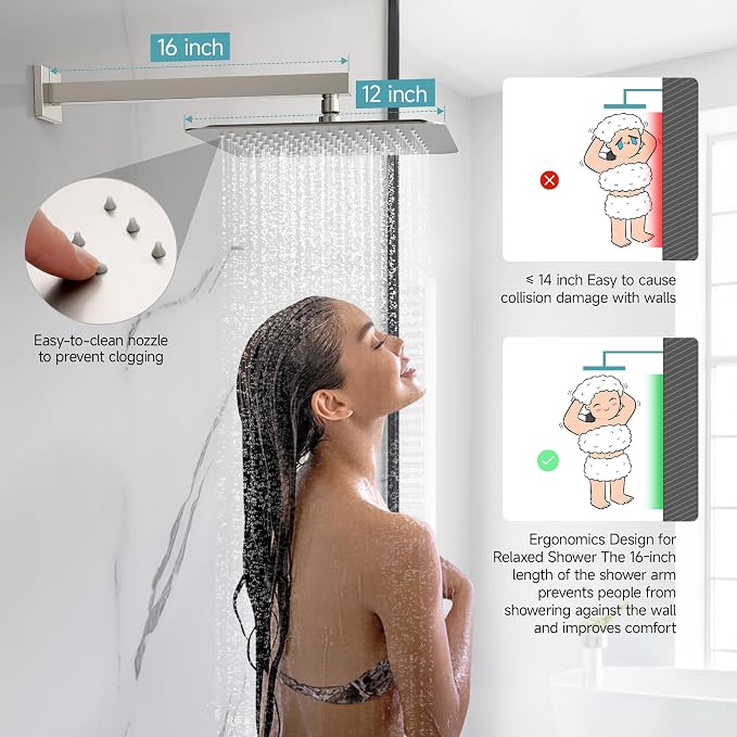 SR SUN RISE Shower Faucet Set & System - 12 Inch Rainfall Shower Head & Handle Set Wall Mounted Brushed Nickel Solid Brass Valve Trim Kit Included