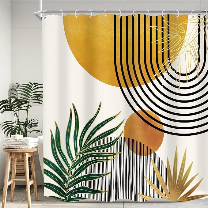 Mid Century Boho Abstract Modern Sun Minimalist Bathroom Shower Curtain Set | 72Wx72H Arch Curve design, waterproof HD print with fast-drying fabric and 12 hooks.
