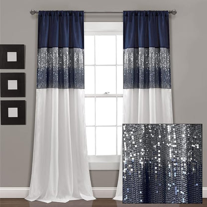 Lush Decor Night Sky Window Curtain Panel, Single 42"W x 95"L Navy & White - Sequin Backdrop Curtain - Room Darkening Curtains For Bedroom - Glam Decor
