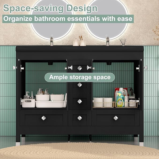 48 Inch Bathroom Vanity with Double Sink, Bathroom Vanity Cabinet with Doulble Sink, Black Bath Vanities with 4 Doors and 6 Drawers (20" D x 48" W x 36" H)