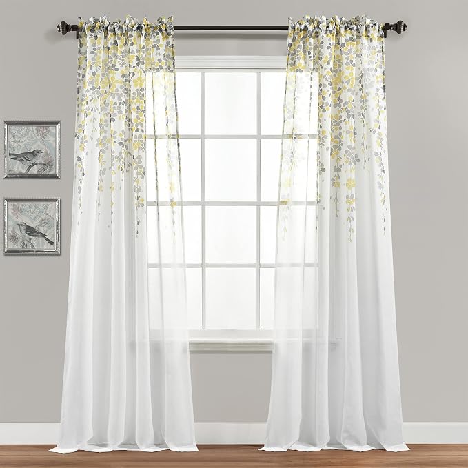 Lush Decor Weeping Flower Sheer Window Curtain Panels, Pair, 38" W x 84" L + 2" Header, Yellow & Gray - Sheer Curtains - Farmhouse Decor - Floral Curtains for Living Room, Bedroom & Dining Room
