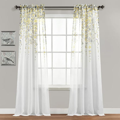 Lush Decor Weeping Flower Sheer Window Curtain Panels, Pair, 38" W x 84" L + 2" Header, Yellow & Gray - Sheer Curtains - Farmhouse Decor - Floral Curtains for Living Room, Bedroom & Dining Room