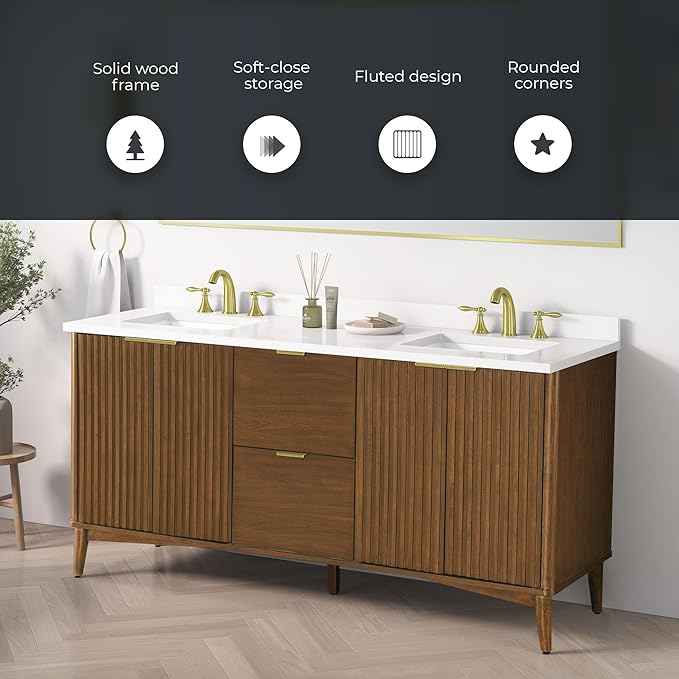 OVE Decors Indy 72 in. Undermount Double Sink Bathroom Vanity with White Engineered Marble Top, Warm Walnut
