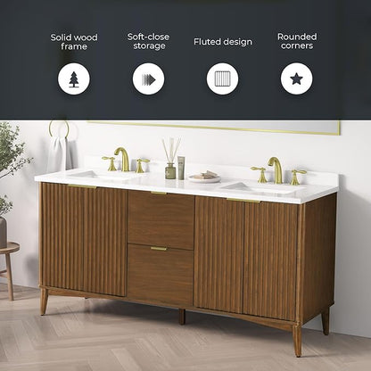 OVE Decors Indy 72 in. Undermount Double Sink Bathroom Vanity with White Engineered Marble Top, Warm Walnut
