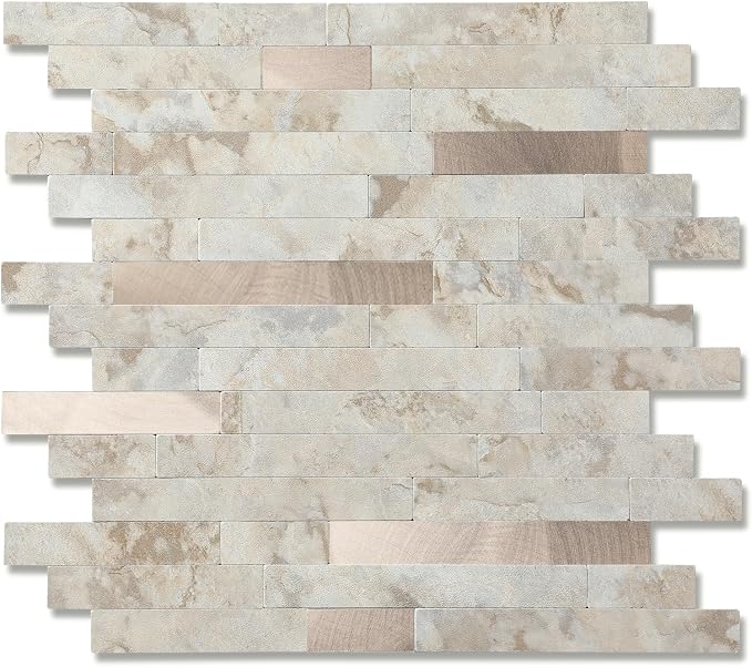 Yipscazo 2026 New Upgrade 11.34" X 11.57" Peel and Stick Backsplash, Stick on Backsplash Tiles for Kitchen, Bathroom, Fireplace (10 Sheets, Beige Rocks + Rose Gold)