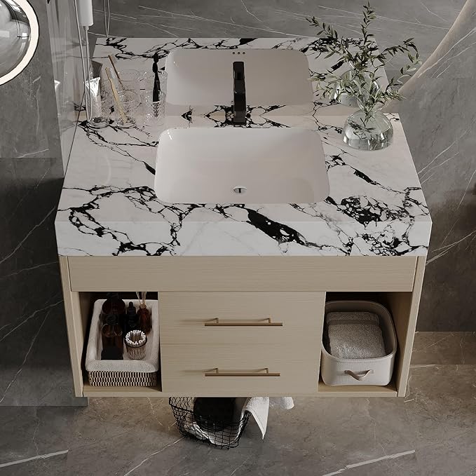 30 inch Modern Floating Bathroom Vanity with Sintered Stone Top Ceramic Undermount Sink, Wall-Mounted Bathroom Vanity Cabinet with 2 Soft Closing Drawers, Open Storage Shelf, Bronze Handles, Natural