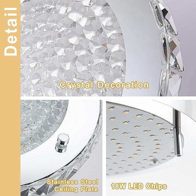 Flush Mount Crystal Ceiling Light Modern LED Ceiling Light Fixture Flush Mount 13 Inch Kitchen Ceiling Light for Bedroom, Laundry Room, Hallway, Balcony, Dimmable 3000K/4000K/5000K
