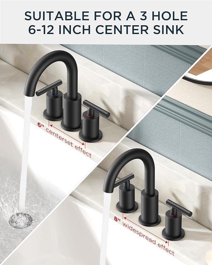 FORIOUS 2 Pack Black Bathroom Faucet 3 Hole,Commercial Widespread Faucet 8" | Wholesale 8 Inch Matte Black Bathroom Sink Faucet 3 Hole with 360° Swivel Spout, Vanity Faucet for Renovation and Upgrading