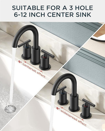 FORIOUS 2 Pack Black Bathroom Faucet 3 Hole, 8" Widespread Matte Black Bathroom Sink Faucet with 360°Swivel Spout, Suitable for 6-12 Inch Vanity Sink, with Metal Pop-up Drain and Supply Line