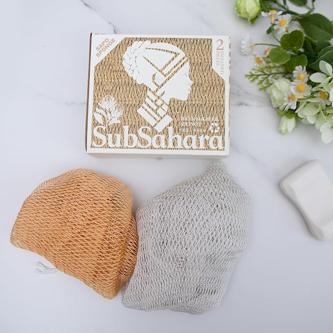Authentic African Net Sponge, 2 Pack 45-Inch Exfoliating Bath Sponge and Shower Loofah for Body and Back, Colorfast Quick-Dry Knotted Mesh Scrubber with Travel Pouch(Golden & Milky White)
