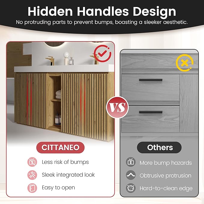 60" Bathroom Vanity with Double Sink, Freestanding Double Sink Bathroom Vanity with White Engineered Stone Top, Open Storage Cabinet & Adjustable Shelf, 4 Soft-Closing Doors, Light Oak