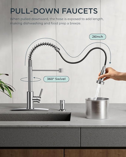 FORIOUS Kitchen Faucets, Chrome Kitchen Sink Faucet with Pull Down Sprayer, Commercial Kitchen Faucet Stainless Steel, Classic Single Handle Pull Out Sink Faucets for Farmhouse RV Laundry Utility Room