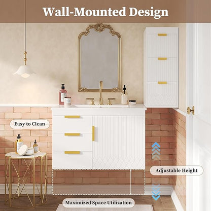 30 Inch Bathroom Vanity with Sink, Wall Mounted Bathroom Storage Cabinet with Soft Closing Door and 2 Drawers, Floating Bathroom Vanities with Decor Line