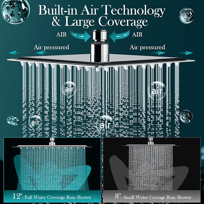 12 Inch Rain Shower Head Combo,5 Spray Handheld with 16" Extension Arm | High Pressure Rainfall Showerhead with Flexible Adjustment of Height/ Angle Upgraded Extender Arm, Anti-leak (Chrome)