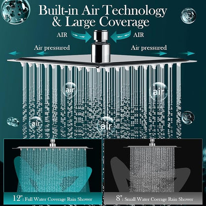 12 Inch Rain Shower Head Combo,5 Spray Handheld with 16" Extension Arm | High Pressure Rainfall Showerhead with Flexible Adjustment of Height/ Angle Upgraded Extender Arm, Anti-leak (Chrome)