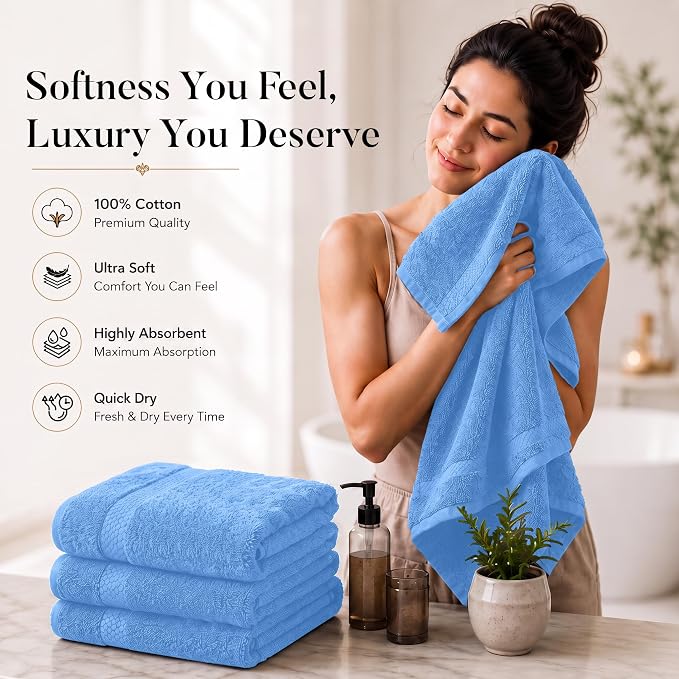 DAN RIVER 600 GSM Cotton Large Bath Towels Set of 4, 27 x 54 Inches, M-Blue | Larger & Lighter Weight Towels for Bathroom - Highly Absorbent & Quick Dry 100% Cotton Bath Towel Set for Home, Spa & Hotel