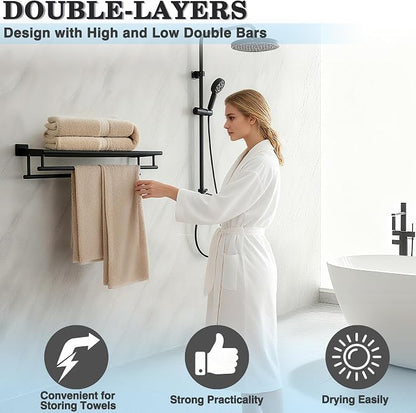 Alise Double Towel Racks for Bathroom Wall Mount 24 Inch,Matte Black | Bathroom Tower Holder Towel Shelf with Double Towel Bars,SUS304 Stainless Steel Towel Hanger for Bathroom Lavatory Kitchen