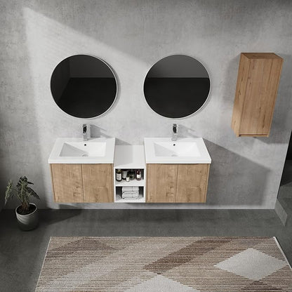 SSLine 60-Inch Double Sink Vanity Modern Wall Mounted Bathroom Vanity with Double Sink 60" Large Floating Bathroom Vanities Set with White Open Storage Shelf & 1 Side Cabinet,Brown White