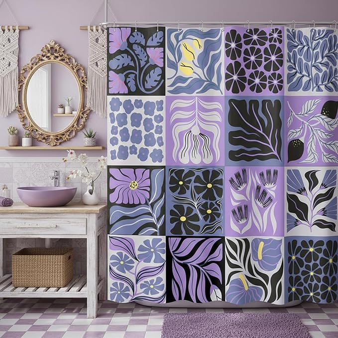JAWO Retro Shower Curtain Vintage Abstract Boho Floral Shower Curtains for Bathroom Decor Purple Yellow Botanical Geometric Groovy Aesthetic Pattern Shower Curtain Sets with Hooks, 70X70IN