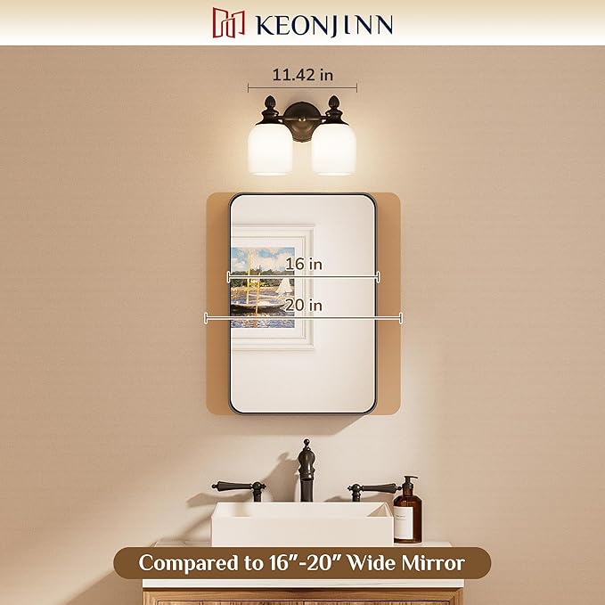 Keonjinn 2-Light Bathroom Light Fixtures, Black Vintage Vanity Lights for Mirror with Frosted Glass Shades, UL Listed E26 Base(Bulbs Not Included), Reversible Vanity Lighting Fixtures for Bathroom